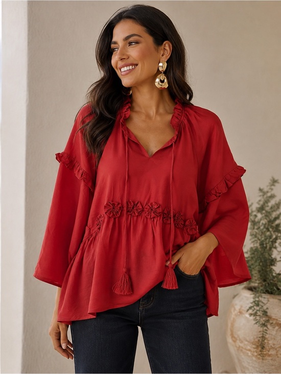 Gigio Tops - Boho Rust Ruffle Tassel Women's Top
